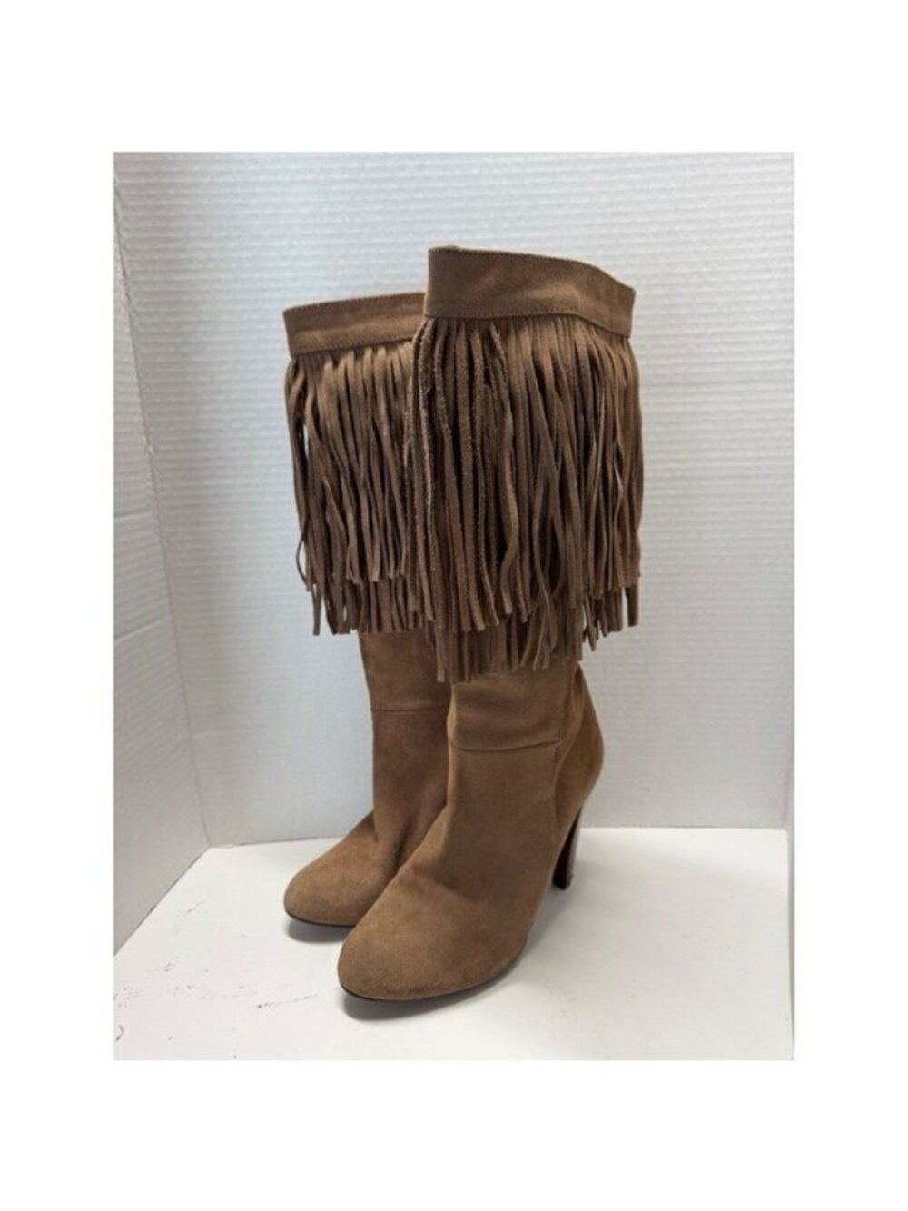 Zara Tan Suede Fringe Tall Boots Pointed Toe Block Heel Brown Womens 36 US 5.5